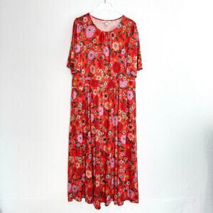 Boden Louisa Jersey Midi Dress Women 16-18 Firecracker Red Dahlia Trail Pockets